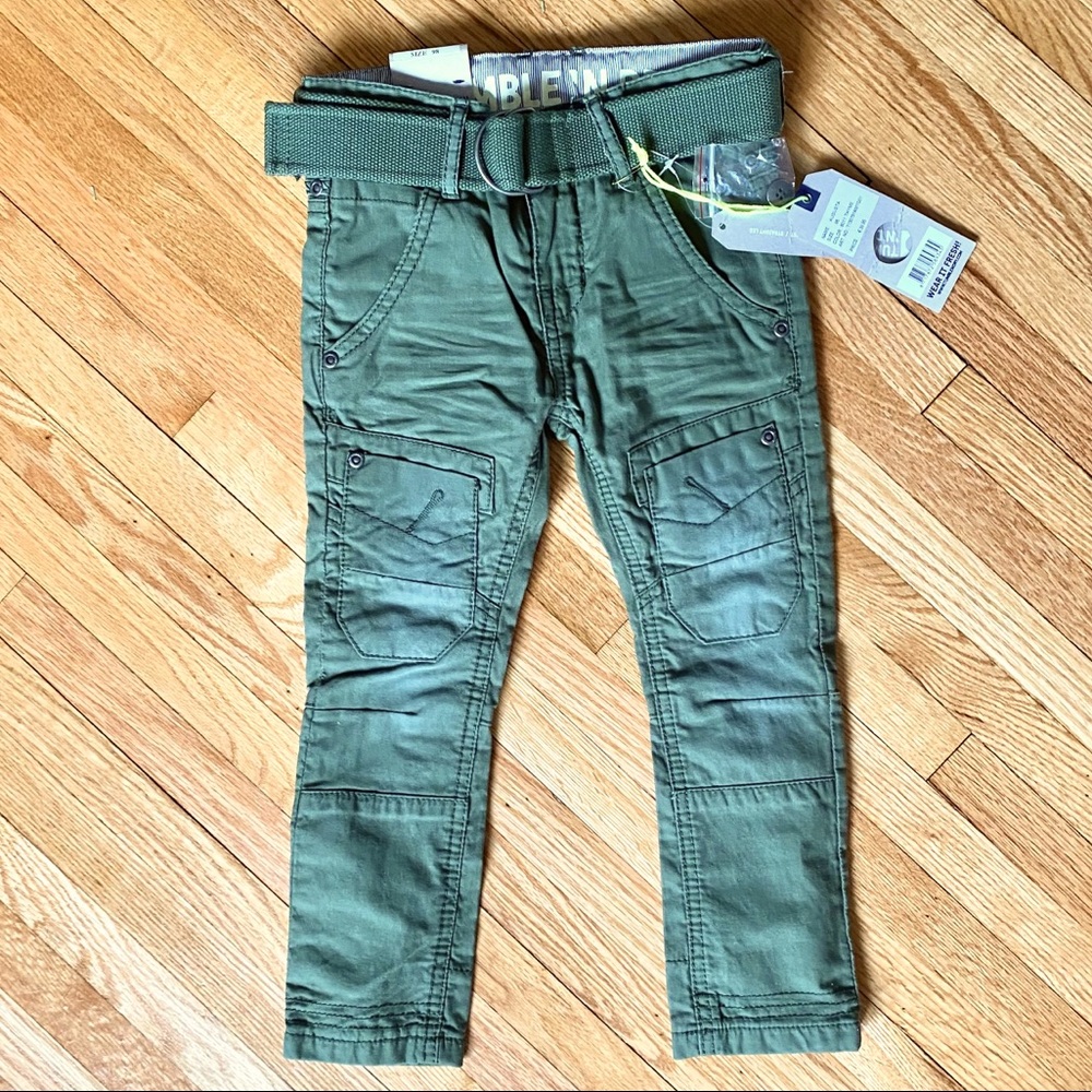 Kids Olive Green twill straight leg pants w/ belt